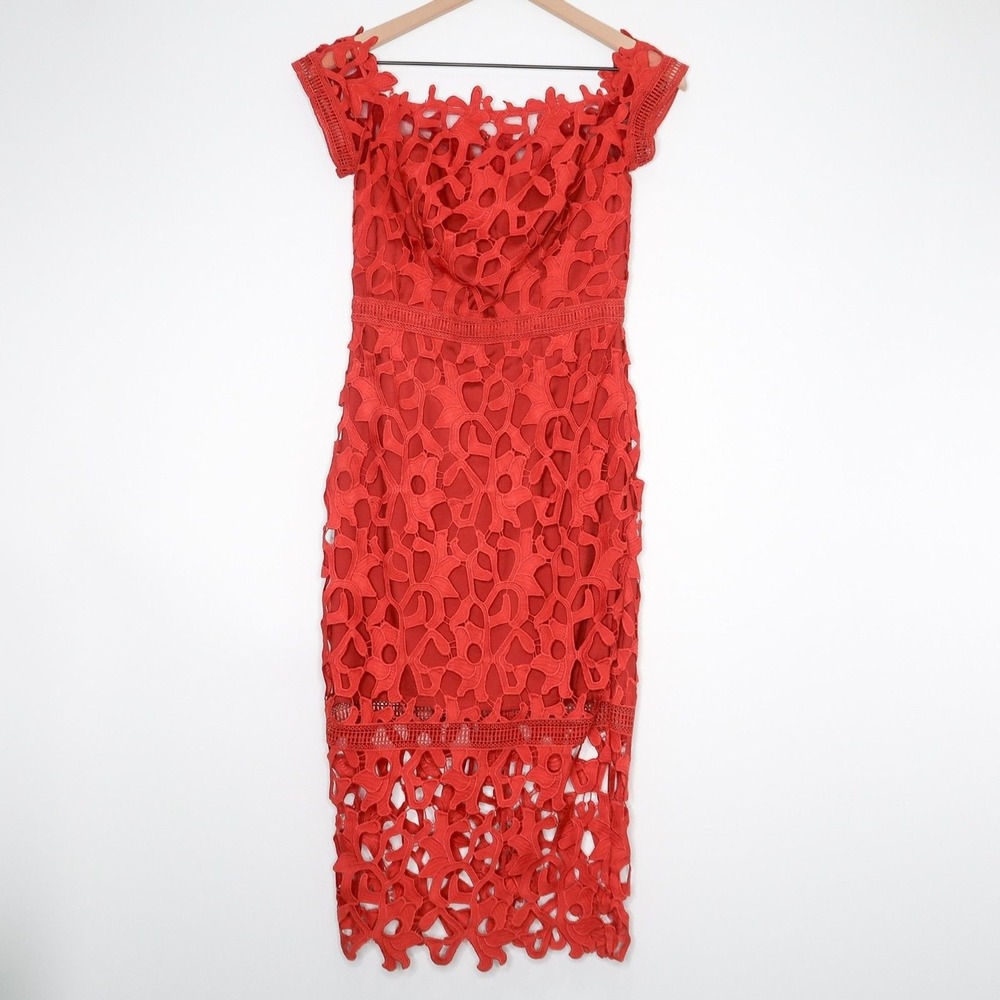 Chi Chi London Womens Midi Dress‎ Size 4 Red Orange Bardot Crochet Lace Floral